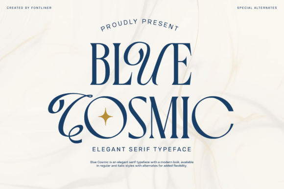 Blue Cosmic Font: Elevating Campaign Visuals with Elegant Serif Style